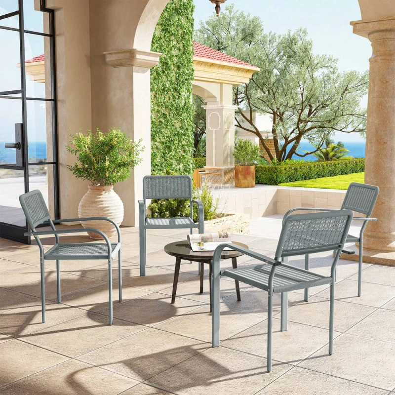Image of OUTSUNNY Garden Chairs Set of 4, Stackable & Rattan Effect, Light Grey Light Grey Unisex
