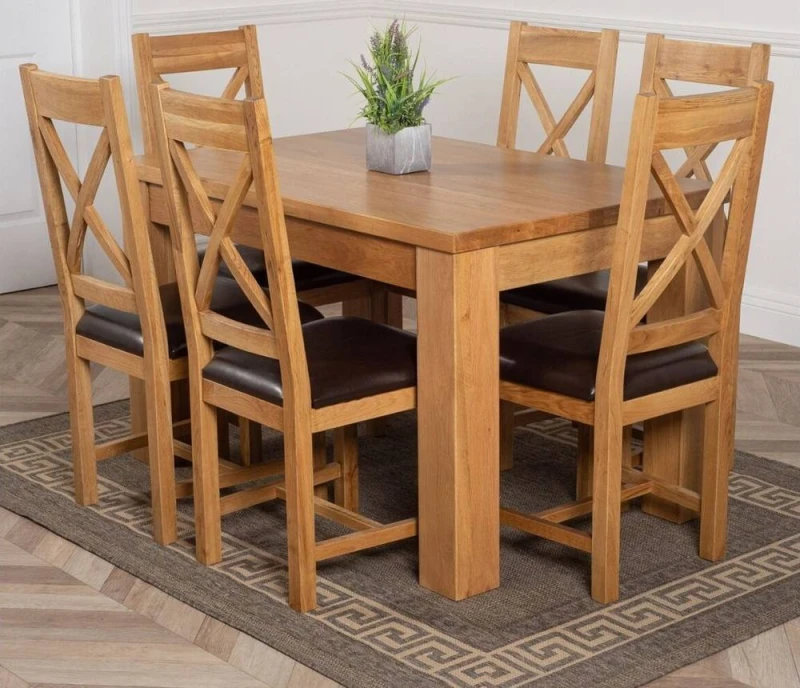 Image of Thats Furniture Dakot 127 x 82cm Oak Dining Table & 6 Berkeley Brown Leather Chairs Size: 127 x 82cm Brown Unisex 127 x 82 cm