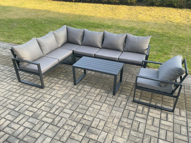 Image of Fimous Aluminium Garden Furniture Set Outdoor Indoor Lounge Corner Sofa Chair Oblong Coffee Table Sets Dark Grey 7 Seater Dark Grey Unisex