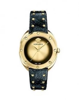 Image of Versace Shadov Gold Dial Black Studded Leather Strap Ladies Watch