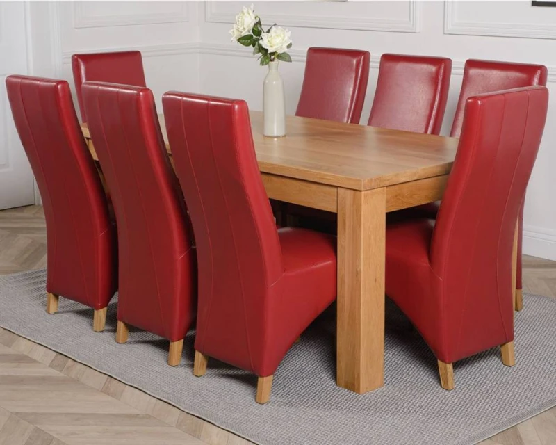 Image of Thats Furniture Dakot 182 x 92cm Oak Large Dining Table & 8 Lola Leather Chairs in Red Size: 182 x 92cm Red Unisex 182 x 92 cm