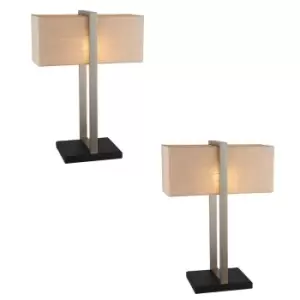 Image of 2 PACK Satin Nickel Framed Table Lamp Light & Linen Shade - Matt Black Base