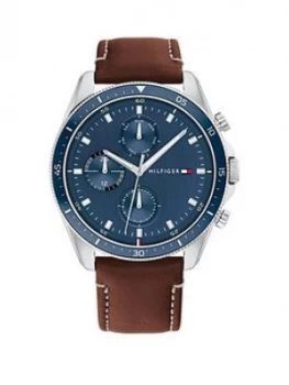 Image of Tommy Hilfiger Stainless Steel With A Blue Ip Dial And Brown Leather Strap Watch