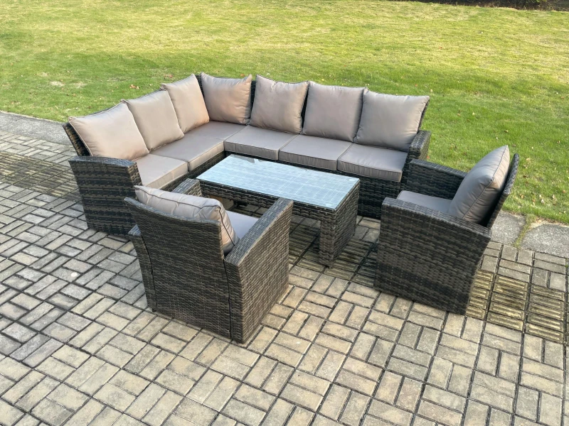 Image of Fimous 8 Seat Rattan Garden Furniture Corner Sofa Set Outdoor Patio Chair Sofa Table Set Dark Grey Mixed Dark Grey Unisex