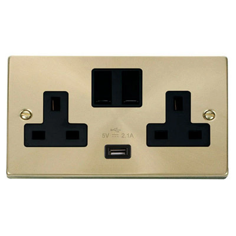 Image of SE Home Satin / Brushed Brass 2 Gang 13A 1 USB Twin Double Switched Plug Socket Gold