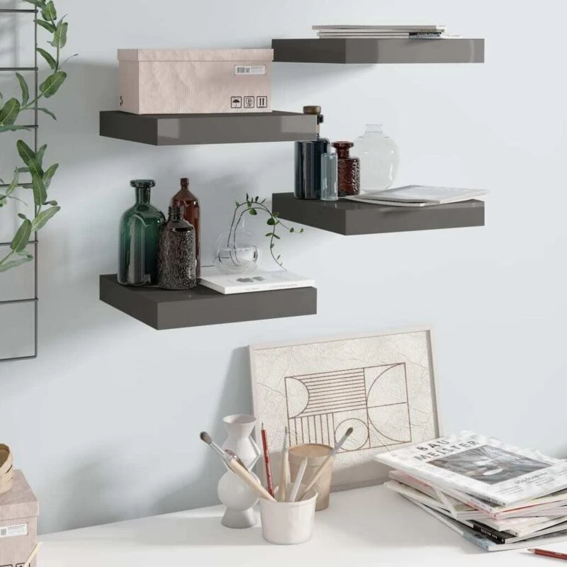 Image of VIDAXL Floating Wall Shelves 4 pcs High Gloss Grey 23x23.5x3.8cm MDF vidaXL 8720286074145
