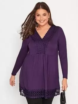 Image of Yours Long Sleeve Crochet Trim Tunic - Aubergine, Purple, Size 20, Women