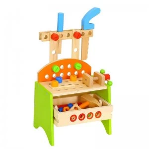 Image of Wooden Work Bench with Tray and Tools