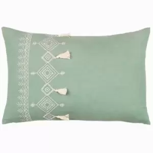 Image of Furn - Pritta Embroidered Diamond 100% Cotton Tasselled Cushion Cover, Eucalyptus, 40 x 60 Cm