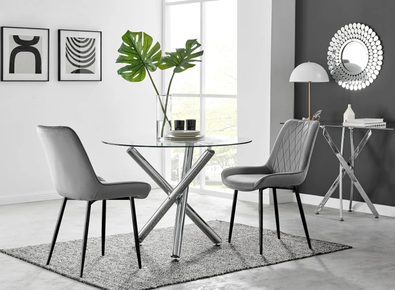 Image of FurnitureboxUK FurnitureboxUK Selina Round Glass Chrome Leg Dining Table and Pesaro Black Leg Chairs in Grey Size: 4 Person Grey 4 Person Unisex 505