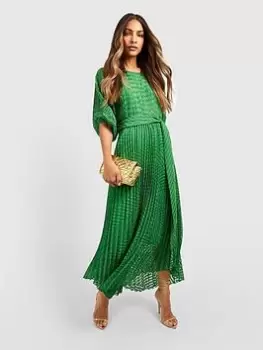 Image of Boohoo Dobby Pleated Puff Sleeve Midi Dress - Green, Size 16, Women