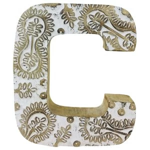 Image of Letter C Hand Carved Wooden White Flower