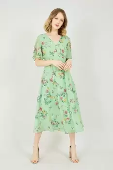 Image of Sage Green Blossom Butterfly Print Midi Dress