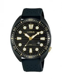 Image of Lorus Lorus Black Ip And Gold Detail 100M Dial Black Silicone Strap Mens Watch