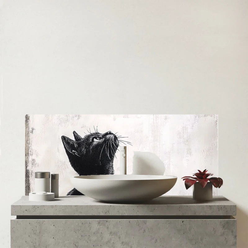 Image of Warren Reed - Designer Thoughtful Banksy Inspired Cat Glass Bathroom Splashback in Black Unisex