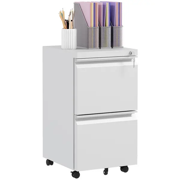 Image of Vinsetto 2-Drawer Mobile Filing Cabinet on Wheels, Steel Lockable File Cabinet with Adjustable Hanging Bar for Letter, A4 and Legal Size, White