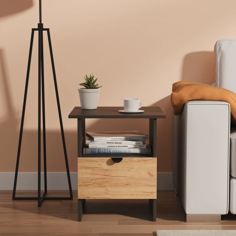 Image of Welcome Furniture Ltd Bora Bottom Drawer Lamp Table in Gold Craft Oak & Graphite - Ready Assembled, Grey BOP224GCGB