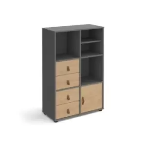 Image of Universal cube storage unit 1295mm high on glides with matching shelf, cupboard and 2 sets of drawers - grey with oak inserts