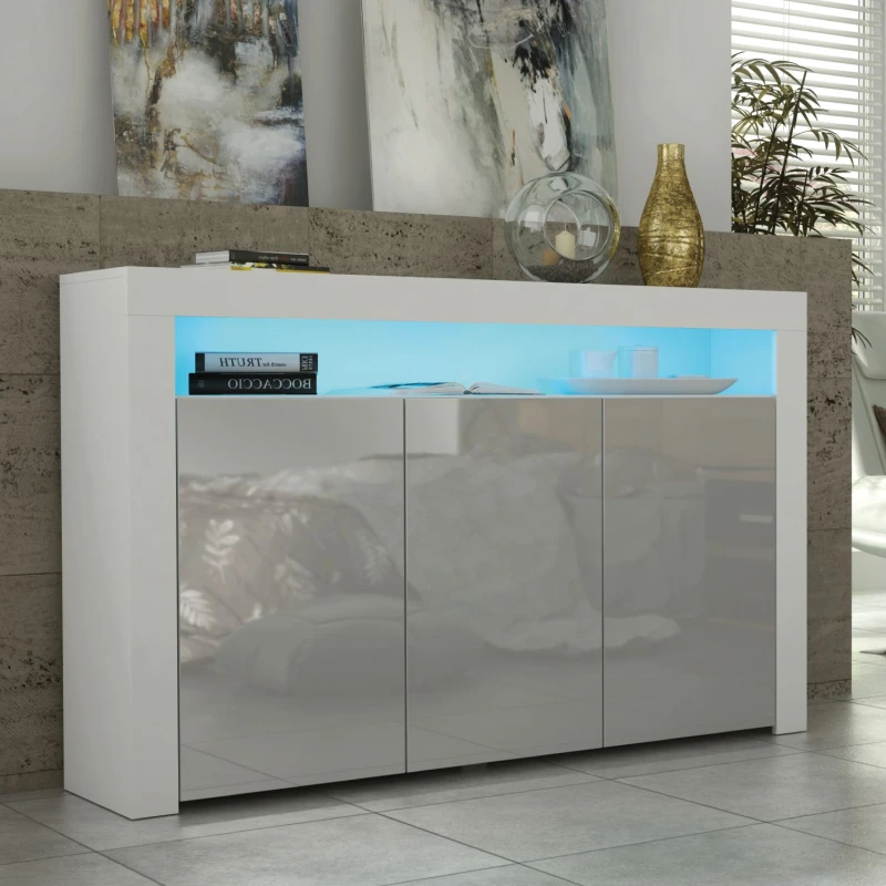 Image of Mex Furniture LTD Sideboard with LED Lighting & Gloss Doors / 155cm in Light Grey Light Grey Unisex