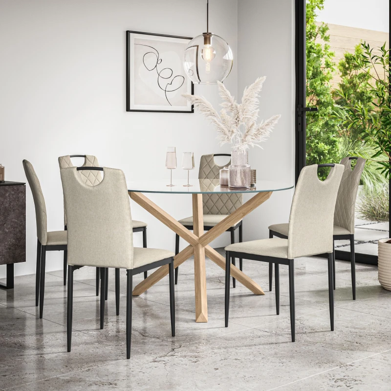 Image of More4Homes Malvern Round Dining Table And Chairs - Clear Glass Table Top W Solid Oak Legs + Monza Fabric Dining Chair Set Of 6 (Beige)