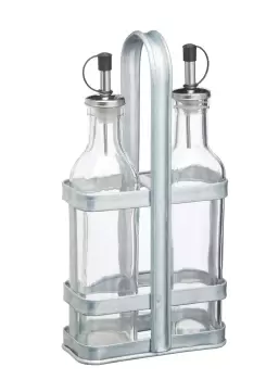 Image of Vintage-Style Glass Oil and Vinegar Cruet Set with Galvanised Steel Holder