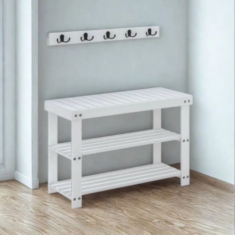 Image of Pirlo Plush 3 Tier Bamboo Shoe Bench Rack with Coat Hooks White White Unisex