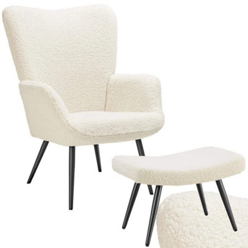 Image of Tectake 1 Armchair Hygge - Padded, Armrests And Ergonomic Backrest, 150 Kg Load Capacity With Stool - Boucle Cream/black