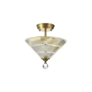 Image of Dresden 2 Light Semi Flush Ceiling Lamp E27 With Cone 30cm Glass Shade Antique Brass, Clear