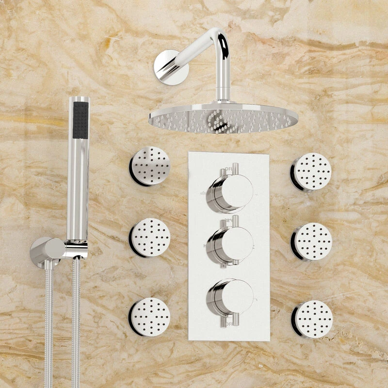 Image of Nes Home Flora 3 Dial 3 Way Round Shower Head, Handset & Body Jets Set in Silver Silver Unisex