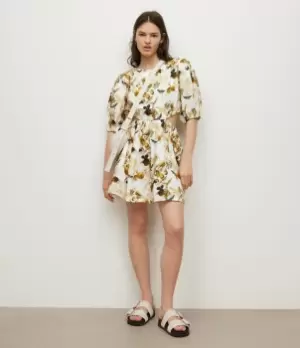 Image of AllSaints Womens Womens Cotton Linen Floral Summer Colette Soleil Mini Dress, Yellow, Black and White, Size: 8, Yellow/Black/White