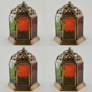 Image of Brass Antique Colour Glass Morroccan Lanterns (Set of 4)