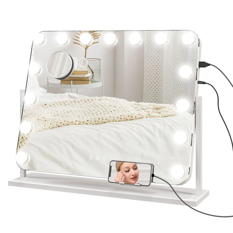 Image of HOMCOM Hollywood Dimmable Lighted Makeup Mirror With Magnifier USB Port, White 505-018V70WT