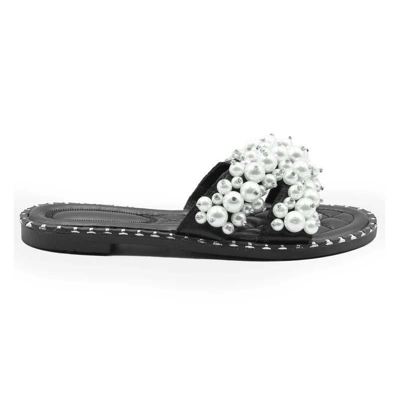 Image of Wheres That From Black Eve Pearl Embellished Flat Slider Sandals Black female 7