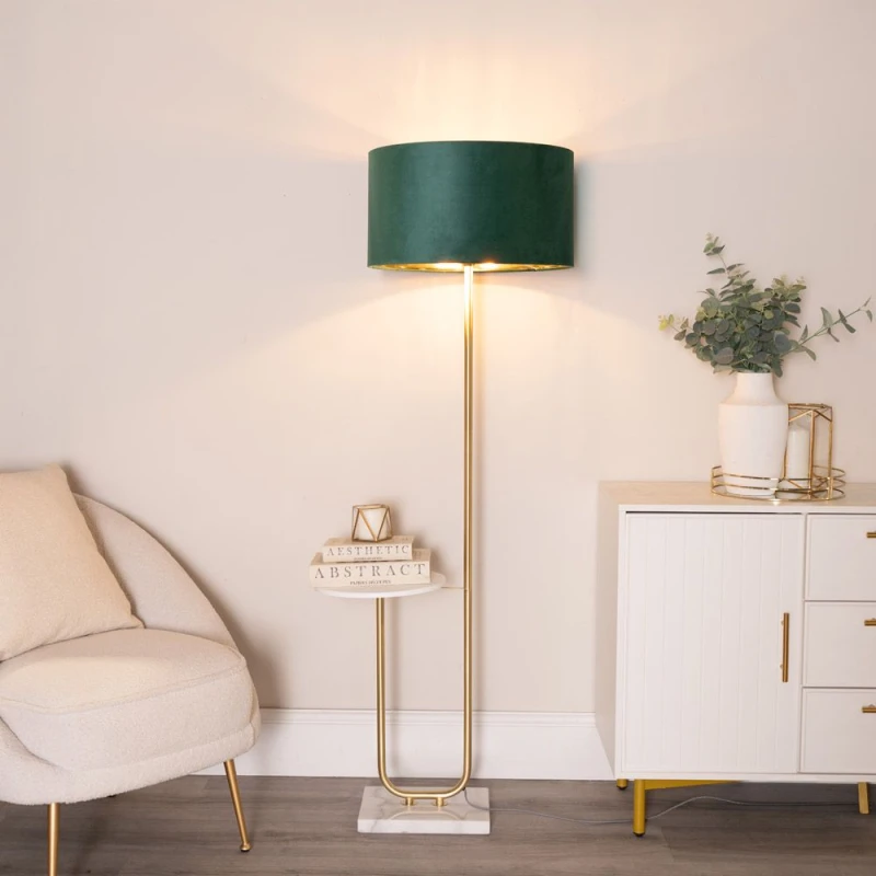 Image of ValueLights ValueLights Tavel Gold Floor Lamp with Table and Velvet Drum with Gold Inner Lamp Shade in Bottle Green Bottle Green One Size Unisex 50594