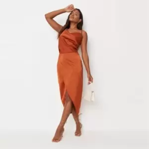 Image of Missguided Asym Strap Drape Satin Midi Dress - Orange
