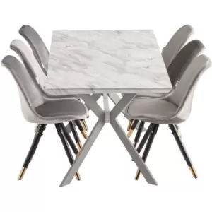 Image of 7 Pieces Life Interiors Sofia Blaze Dining Set - a White Extendable Rectangular Wooden Dining Table and Set of 6 Dark Grey Dining Chairs - Dark Grey