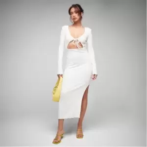 Image of Missguided Textured Rib Tie Detail Cut Out Midaxi Dress - Cream