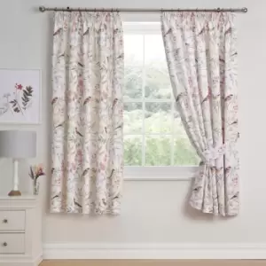Image of Caraway Garden Birds Print Lined Pencil Pleat Curtains, Pink, 66 x 72" - Dreams&drapes