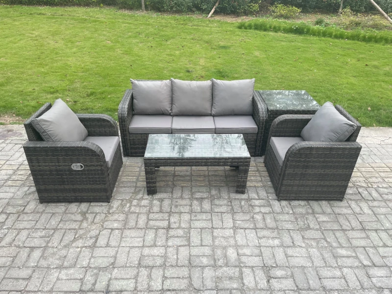 Image of Fimous Wicker PE Rattan Garden Furniture Set Outdoor Lounge Sofa Set with Reclining Chair Coffee Table Side Table Dark Grey unisex