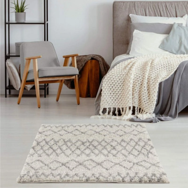 Image of THE RUGS Soft Tangier Shaggy Rugs & Runners Ivory & Grey Living Room Size: 120cm x 120cm Ivory Unisex 120cm x 120 cm