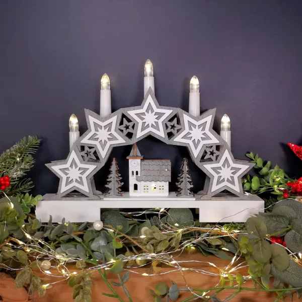 Image of 32cm Battery Operated Star and Village Candle Bridge Christmas Decoration