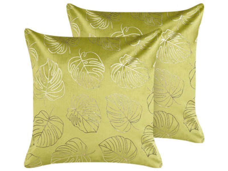 Image of Beliani Set Of 2 Decorative Cushions Deliciosa Velvet 45 X 45cm Light Green Plant Pattern
