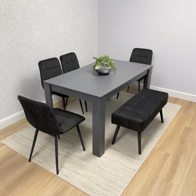 Image of Kosy Koala Dining Table and 4 Chairs With Black Bench, 4 Grey Velvet Chairs Wood Dining Set Furniture, Multi ARCH1174BKRBRB