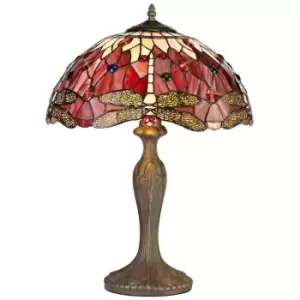 Image of Luminosa Lighting - 2 Light Curved Table Lamp E27 With 40cm Tiffany Shade, Purple, Pink, Crystal, Aged Antique Brass