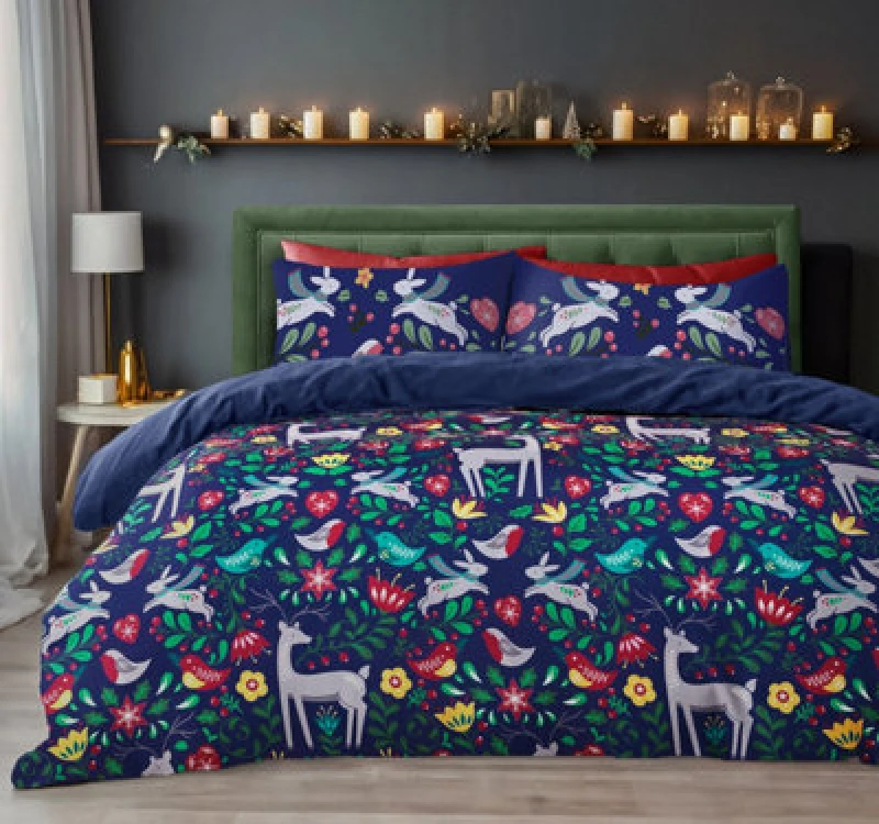 Image of Velosso Robin Scandi Cotton Rich Printed Duvet Cover & Pillowcase Set in Navy Size: Double Navy Unisex Double