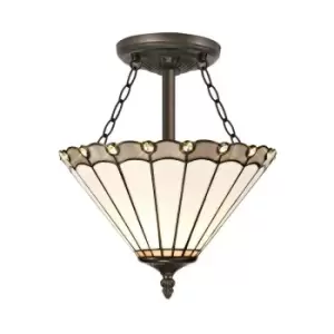 Image of 3 Light Semi Flush Ceiling E27 With 30cm Tiffany Shade, Grey, Crystal, Aged Antique Brass - Luminosa Lighting
