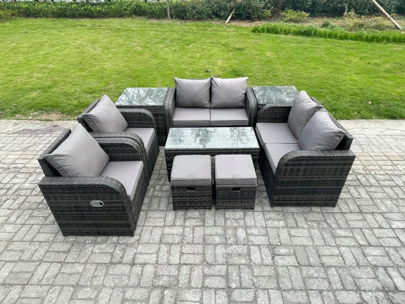 Image of Fimous 9 Piece Rattan Garden Furniture Set Outdoor Patio Sofa, Table and Chairs Coffee Table 2 Small Footstools Ideal for Pool Side, Balcony Dark Grey