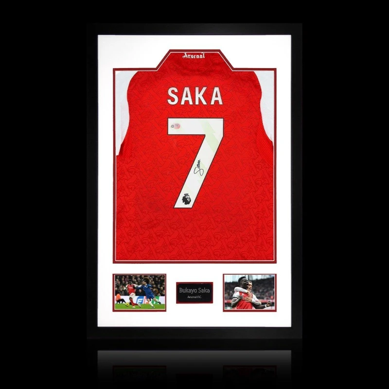 Image of The Fan Cave Bukayo Saka Signed Arsenal Shirt Premium Frame Red unisex 850mm x 60