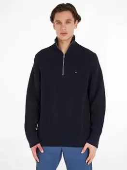 Image of Tommy Hilfiger Structure Quarter Zip Mock Neck Knitted Jumper, Navy Size M Men
