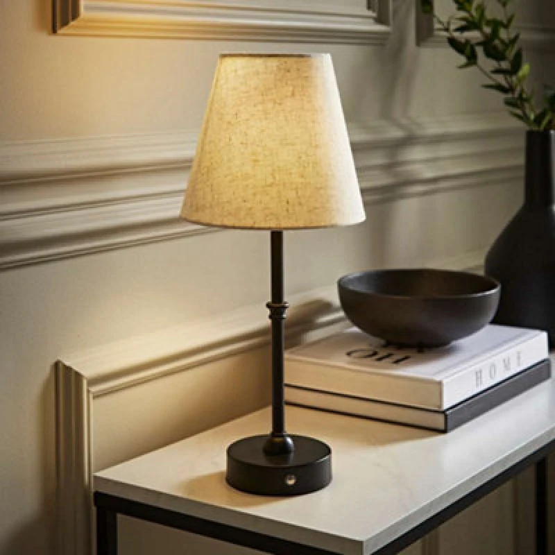 Image of ValueLights ValueLights Lowe Black Rechargeable Portable Table Lamp with Linen Lamp Shade Black One Size Unisex 5016529273882